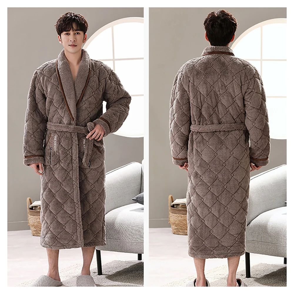 Winter Men's Bathrobe Terry Robe 3-layer Flannel Super Thick Warm Dressing Gown Luxury Solid Plaid Long Robe For Man Towel Towel