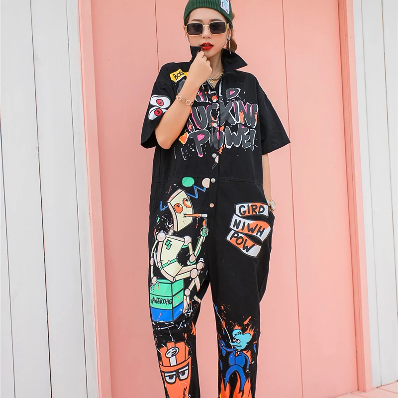 

Cartoon Graffiti Print Jumpsuit 2022 Summer New Women Casual Loose Large Size Fashion Short Sleeved Jumpsuit Black Orange LL18