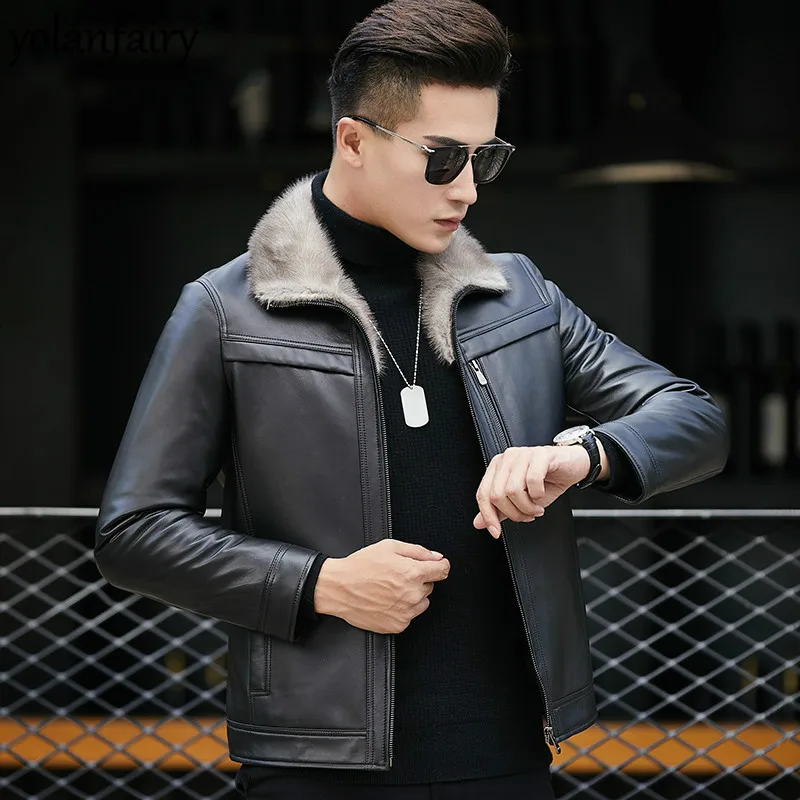 Мужская зимняя куртка из натуральной овечьей кожи теплый пуховик с воротником