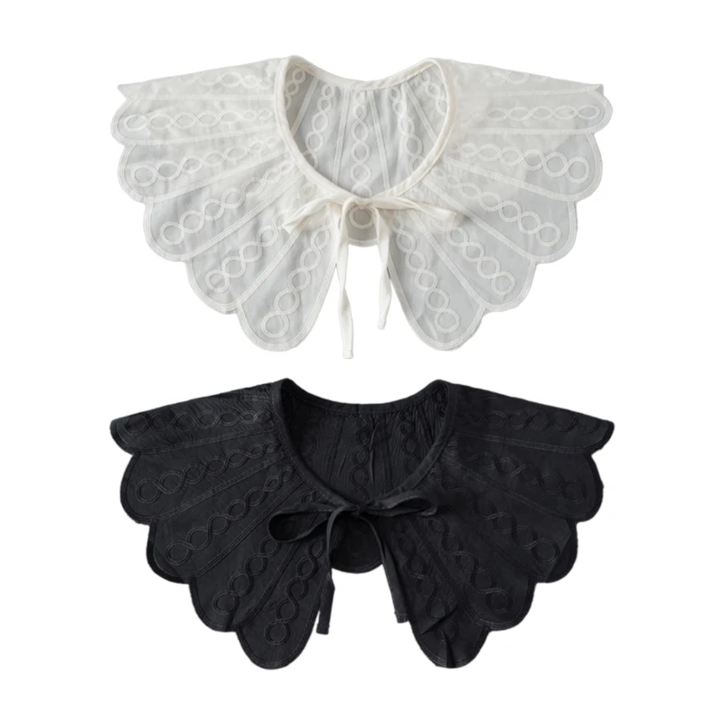 

P8DB Women Scalloped Trim Fake Collar Shawl Embroidery Twist Striped Necklace Capelet
