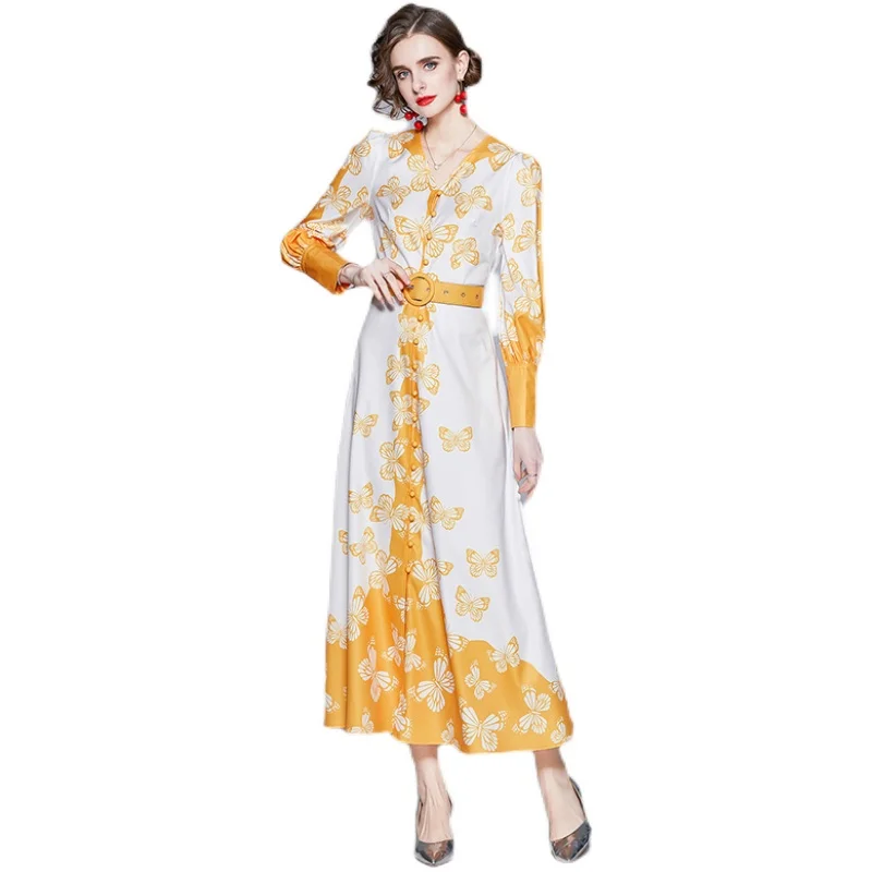 

Women Summer Designer Elegant Butterfly Print Lantern Sleeve Sexy Cocktail Party Robe Female Vintage Shirt Maxi Dress Vestidos