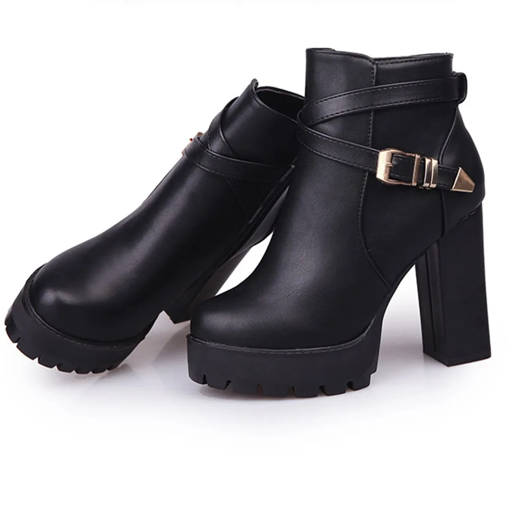 Женские теплые зимние сапоги на платформе модные молнии с ремешком и пряжкой