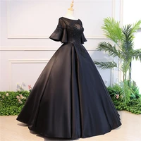 appliques a line floor length new tulle party formal gown women black o neck formal gowns long evening dress