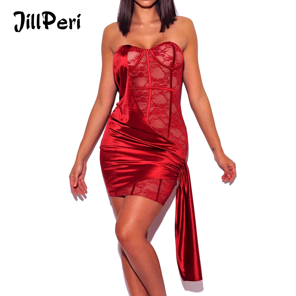 

JillPeri женское сексуальное платье без бретелек для дня рождения, модное кружевное атласное лоскутное красное платье на День святого Валентин...