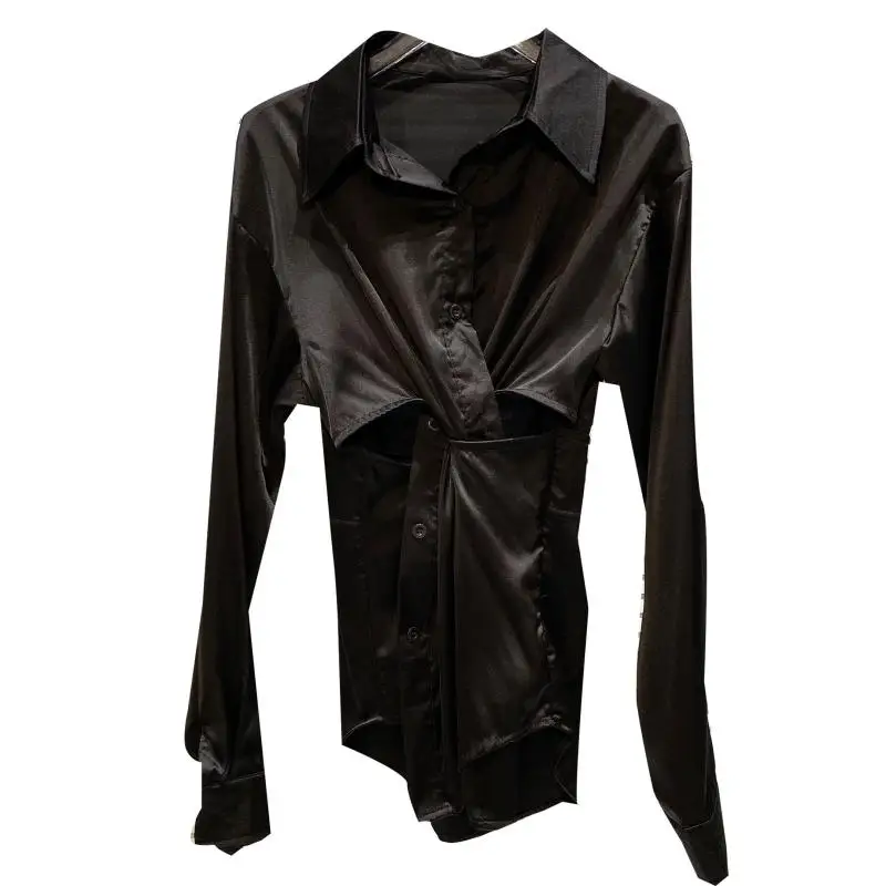 

Hollow Cross Design Shirts Women 2021 Summer New Pink Black Long Sleeve Shirt