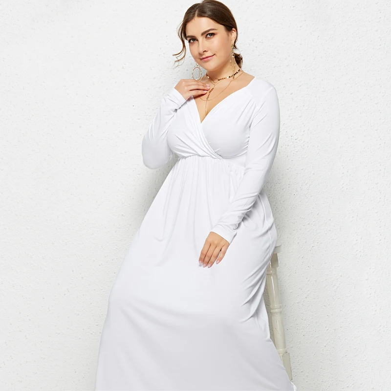 Плюс Размеры Осень Платье макси с длинным рукавом эластичной резинкой на талии v