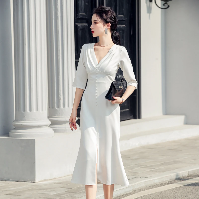 

spring Summer Women Slim Half sleeve V-neck Split fork Dress French Temperament Club Evening Party Dresses Women white dress