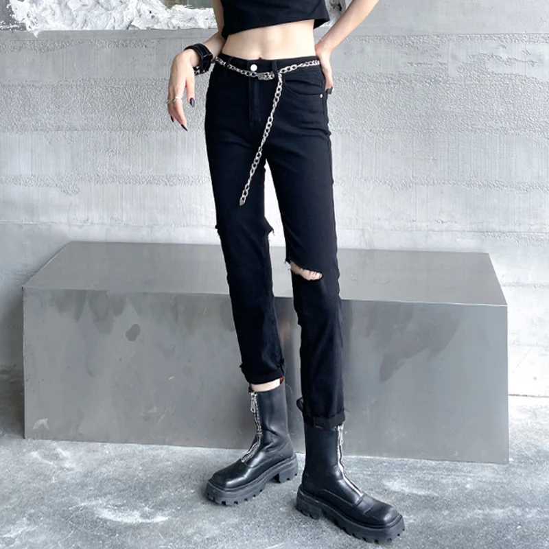 

[EAM] High Elastic Waist Black Long Holes Pencil Trousers New Loose Fit Pants Women Fashion Tide Spring Autumn 2021 1DD9484