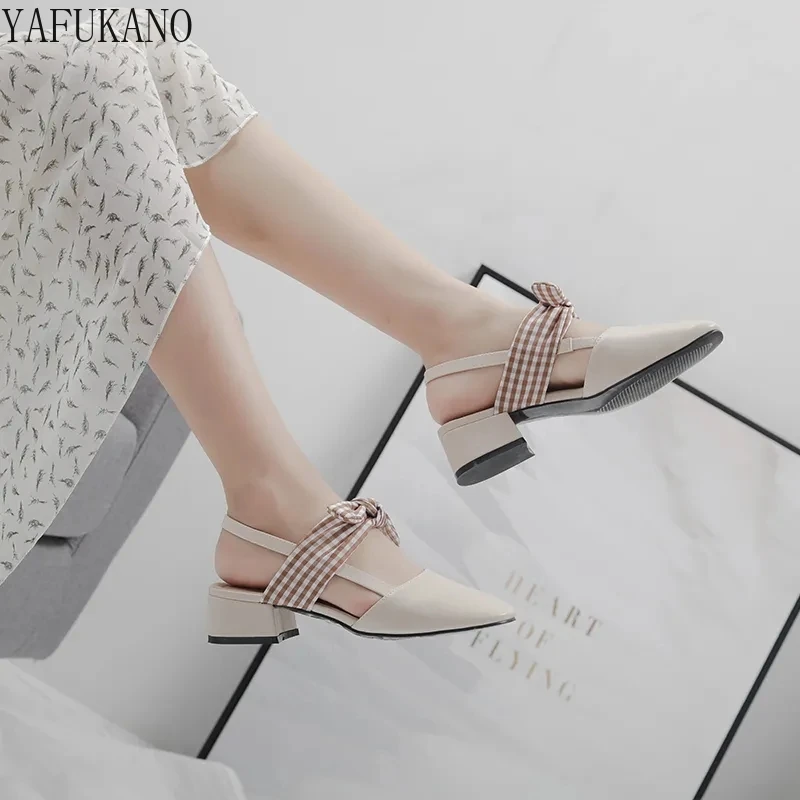 

Thick-Heeled Baotou Sandals Women Pumps 2021 New Mid-Heel Fashion Outer Wear Fairy Style Bow-Knot Single Shoes Slingback Shoes