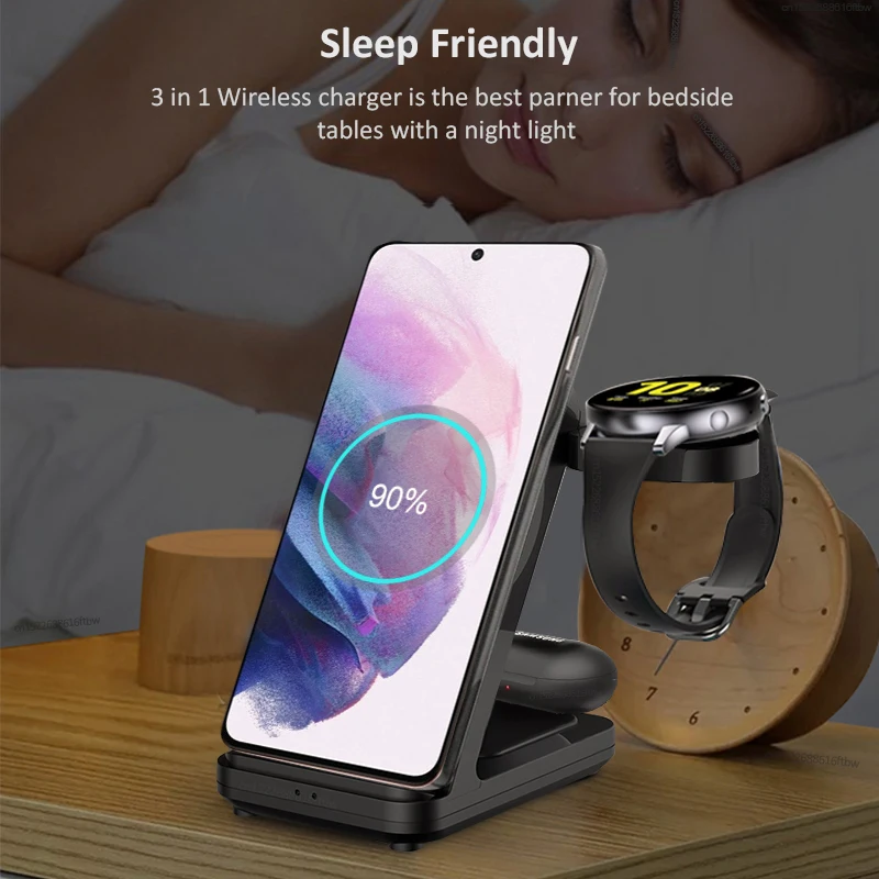 Soporte de cargador inal&aacute;mbrico 3 en 1 para Samsung Galaxy Watch 4 Active 2/1, estaci&oacute;n de carga r&aacute;pida de 15W para Samsung S21/S20-3