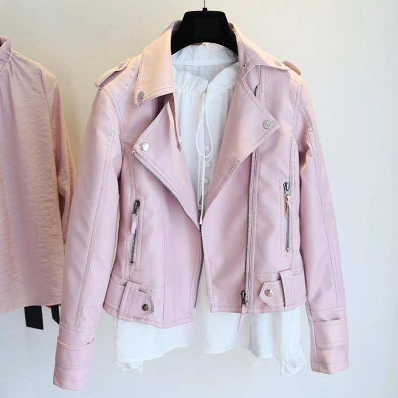 

Куртка женская демисезонная из искусственной кожи на молнии с отложным воротником