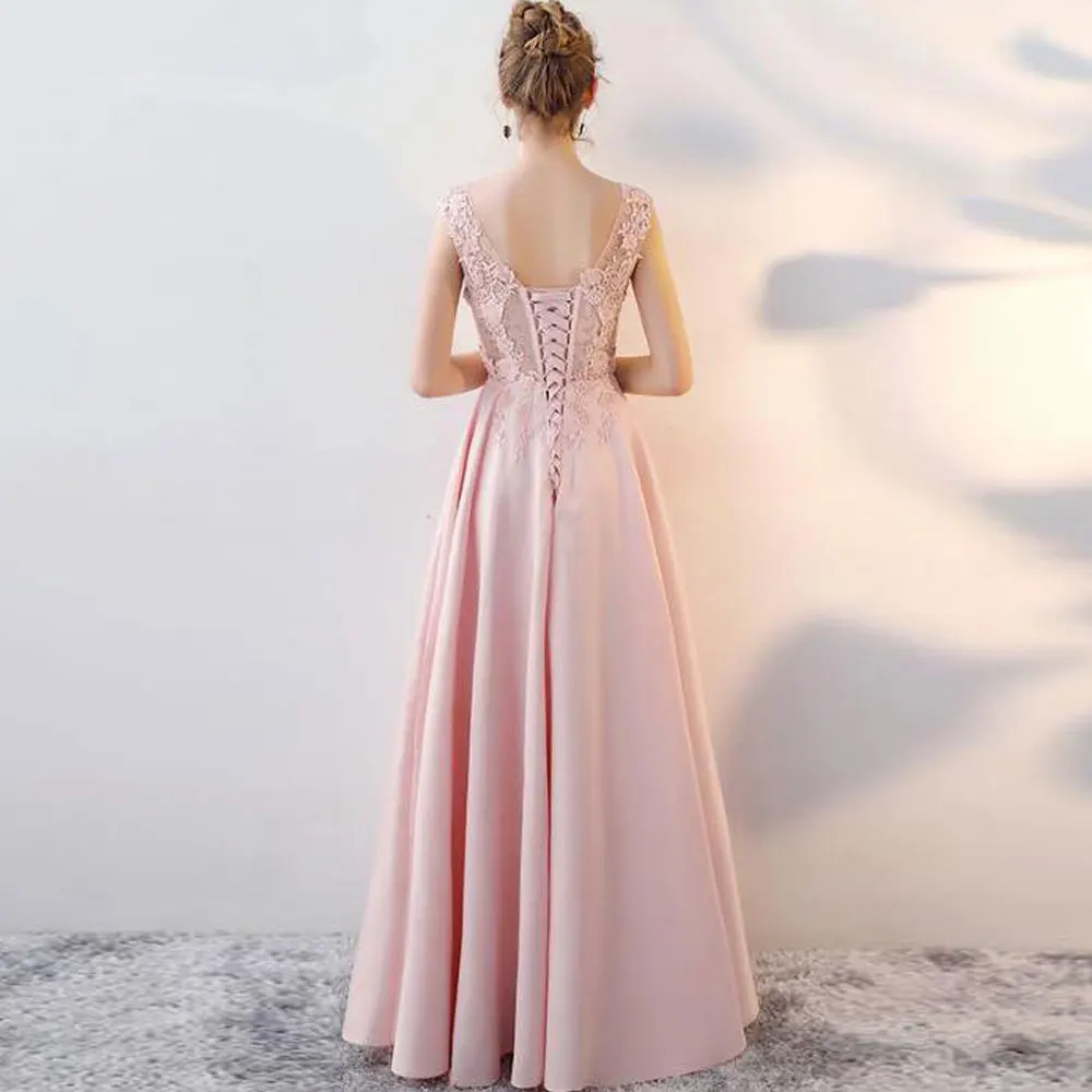 

Pink A-line Jewel Floor length Applique Sleeveless Banbage Draped Sweep/Brush Evening Dresses high quality Fashion 2021