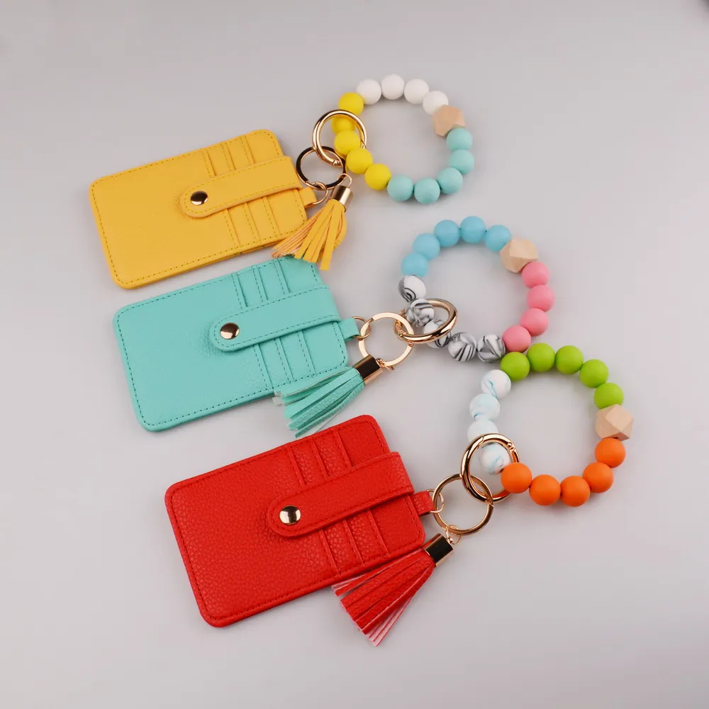 

2022 New Fashion Silica Gel Beads Bracelets Keychain Card Bag For Women Men Summer Trend PU Leather Tassle Pendant Wristlets