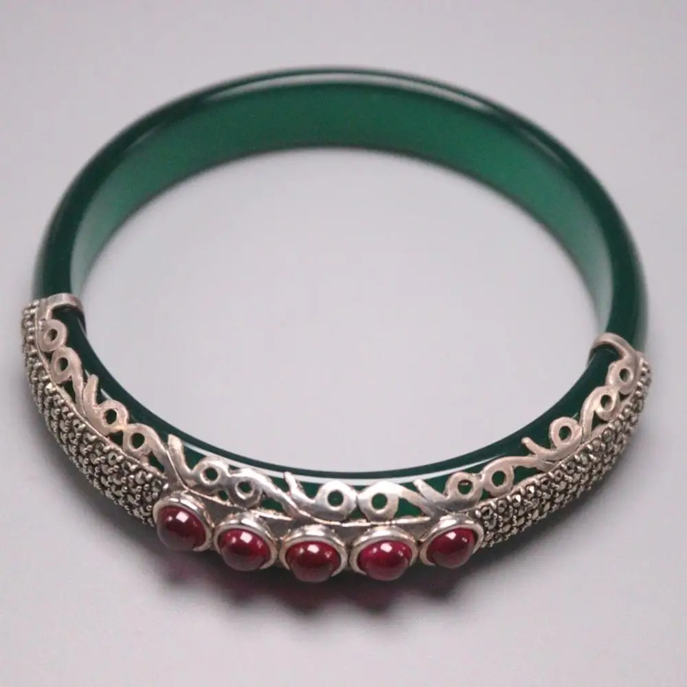 

Real 925 Sterling Silver And Green Agate Bracelet Width 13mm Relief Pattern 5 Pink Zircon Bead Bangle Diameter 59mm