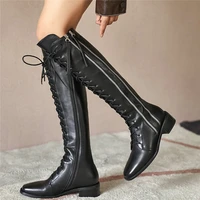 winter warm thigh high creepers women lace up genuine leather mid heels knee high boots female square toe platform pumps shoes