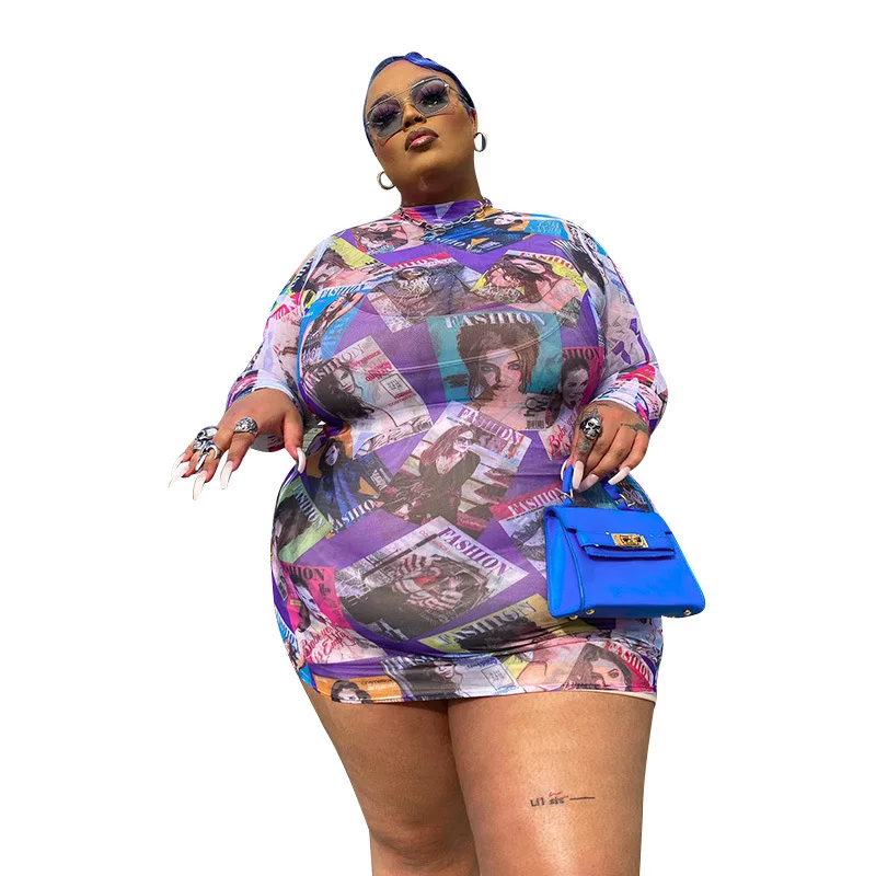

Printed Long-sleeved Purple Dress Plus Size Casual High Street Wear Sexy Stylish Clothes for Women 2021 Wholesale Dropshipping