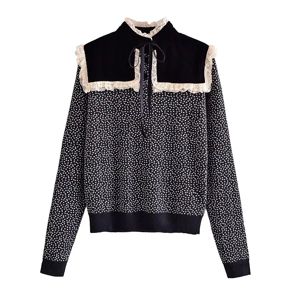 

Женский свитер, бархатный воротник с кружевной отделкой и бантом, топы с длинными рукавами, винтажный зимний женский пуловер Y2k