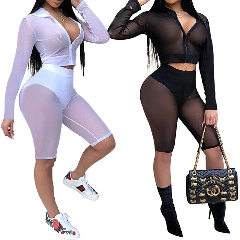 

HIRIGIN Lady Clothing Sets New Black White 2 pcs Sets Long Sleeves Crop Top Skinny Shorts Set Casual Sexy Female Summer Clubwear