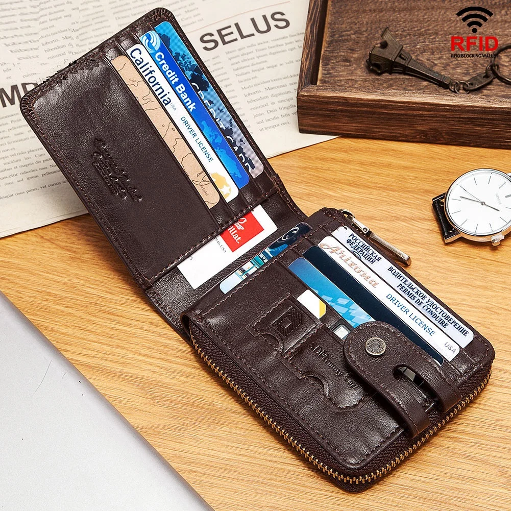 Мужской короткий кошелек из бычьей кожи на молнии клатч натуральной держатель