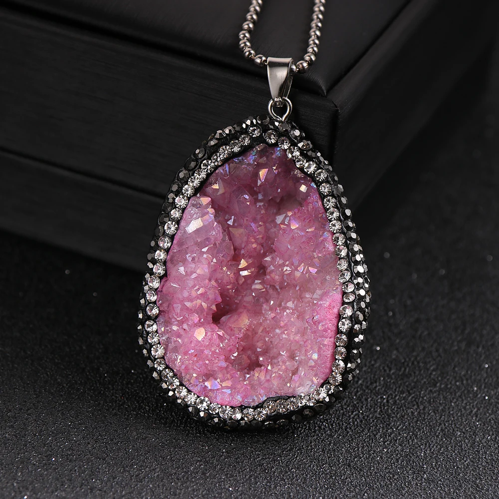 

Pink Quartz Crystal Stone Pendant Necklace For Women Fashion BOHO Natural Stone Irregular Crystal Pendulum Jewelry Female Gifts