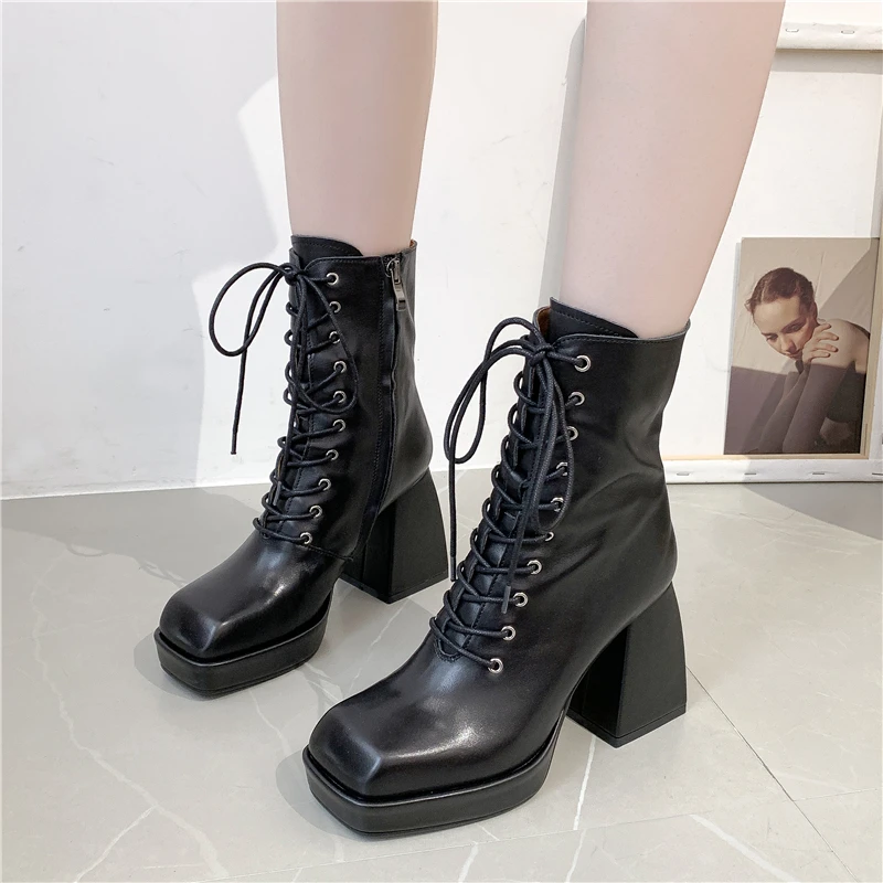 

Drestrive Women's Ankle Boots Cow Leather Thick Heels 9 cm Square Toe Platform Cross Tied 2020 Winter High Heel Shoes Black