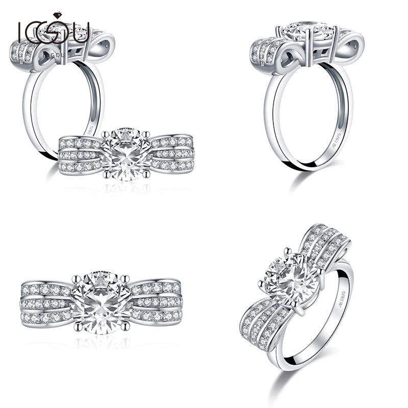 

IOGOU Luxury 925 Sterling Silver Bow Engagement Ring Simulated SONA Diamond Wedding Silver Platinum Plated Bownot Ring Jewelry