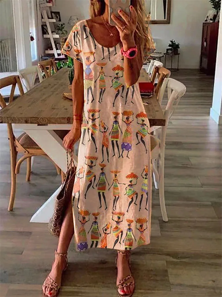 

Vintage Printed Maxi Dress Women's Summer Sundress New Style Casual Short Sleeve Vestidos Female O-Neck Robe Plus Size