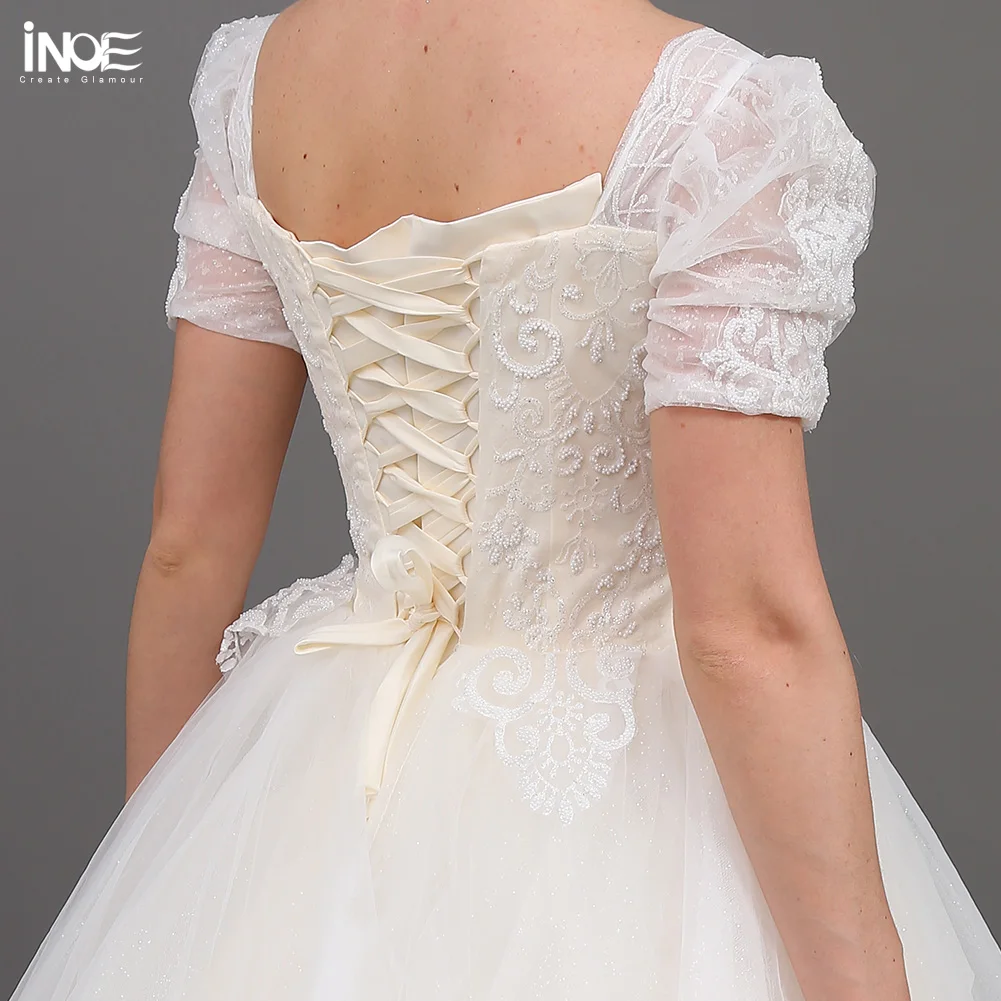 

INOE Lucky Women Luxurious Wedding Dress Strapless Square Neckline Ball Gown Organza Short Sleeves Embroidery Flower Party Dress
