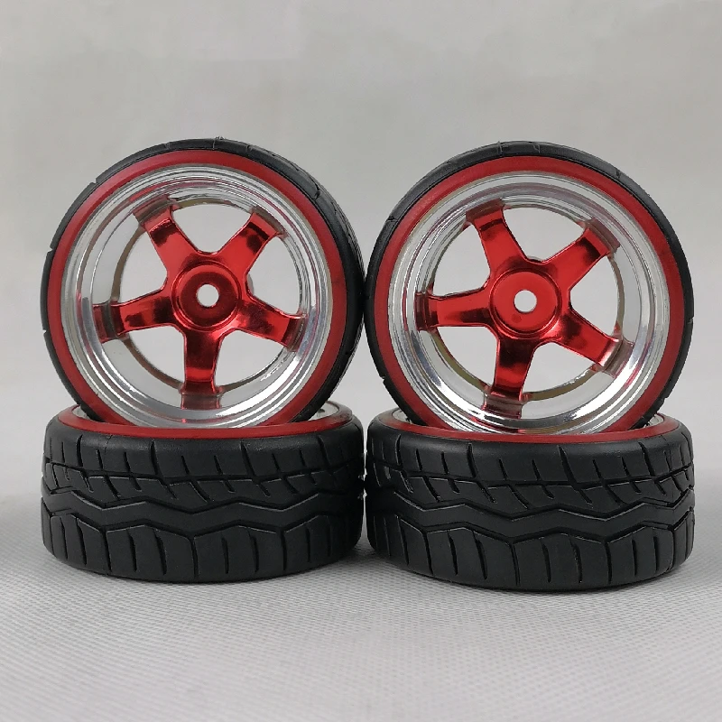 

4pcs 6mm Offset 1/10 Scale Plastic Wheels Rims with Hard Plastic Tires with Red Insert RC Car Drift On Road Touring Model Hobby