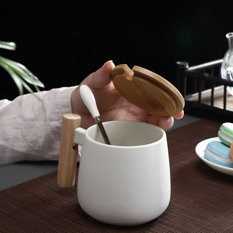 

Керамические чашки с деревянной ручкой в скандинавском стиле, кофейные кружки, кружка большой емкости с крышкой-ложкой, кружка, кружка для к...