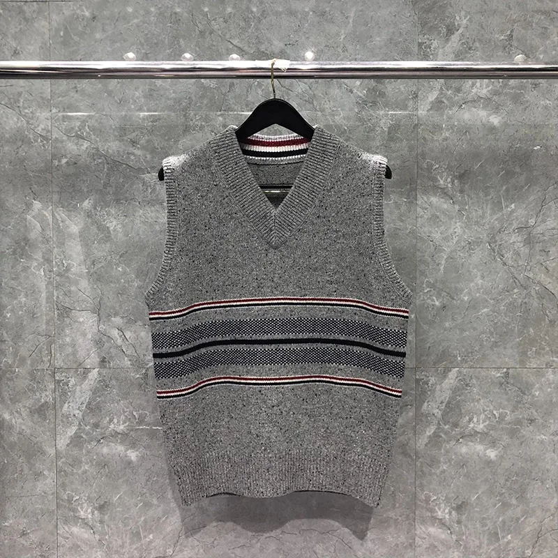TB THOM Men's Sweater Harajuku Knitted Pullover Korean Version Of Vest Hem Striped Top Luxury Brand Coat Gray TB Vest Sweaters