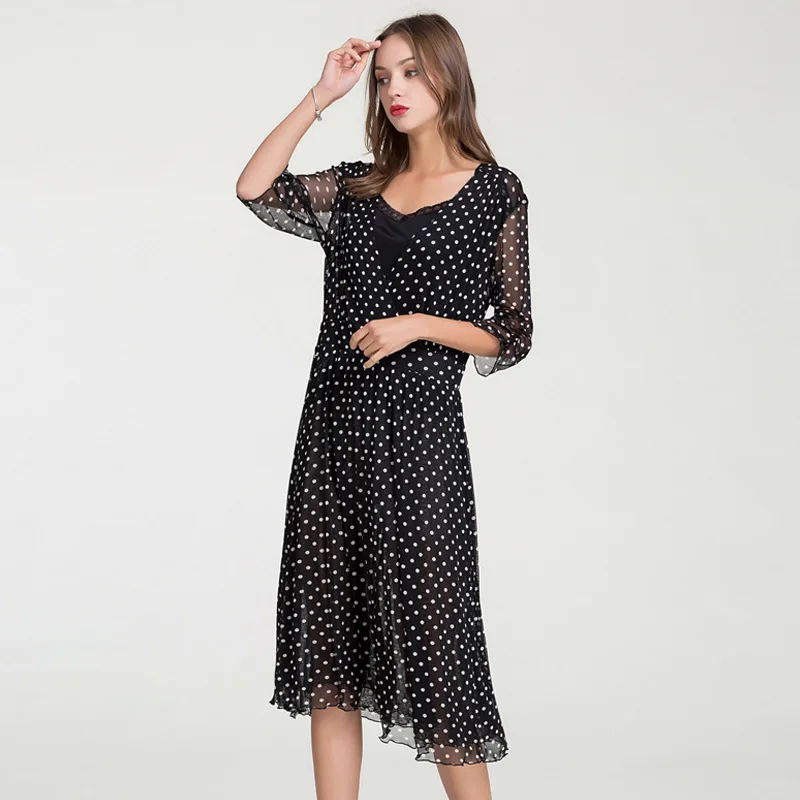 100% Mulberry Silk Mesh Dress Female Print V-collar Double-sleeve Pendant dress New Summer silk Knee-length dress