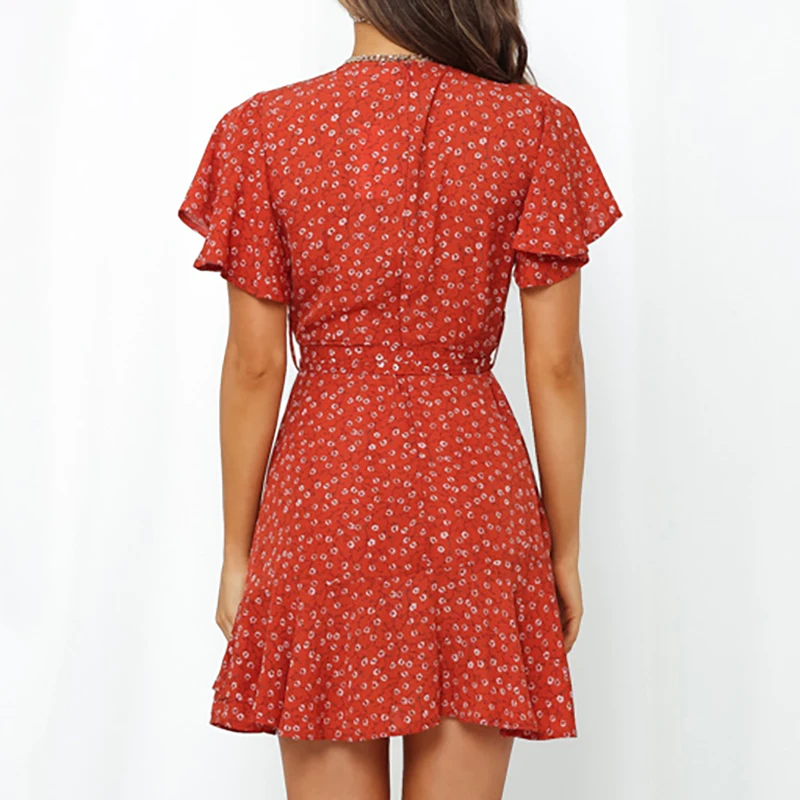 

Women Summer Boho Mini Dress Print Bohemian Women Dress Sexy V Neck Holiday Beach Dresses Short Sleeve Ruffle Wrap Dress Vestido