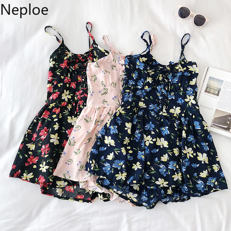 Neploe Flower Print Jumpsuits Women Fashion V Neck Sleeveless Ladies Playsuits Elegant Lace Up Slim Waist Beach Bodysuit 1A1096 | Женская