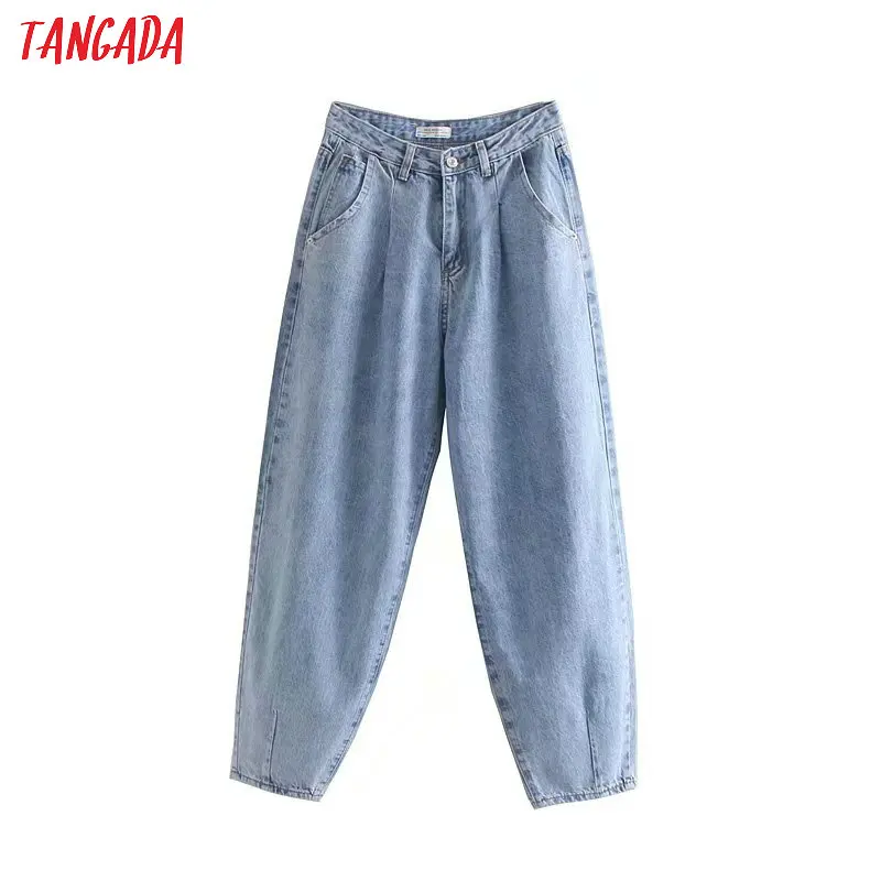 Tangada Модные женские свободные джинсы для мам длинные брюки с карманами на молнии свободные уличные женские синие джинсовые штаны 4M38