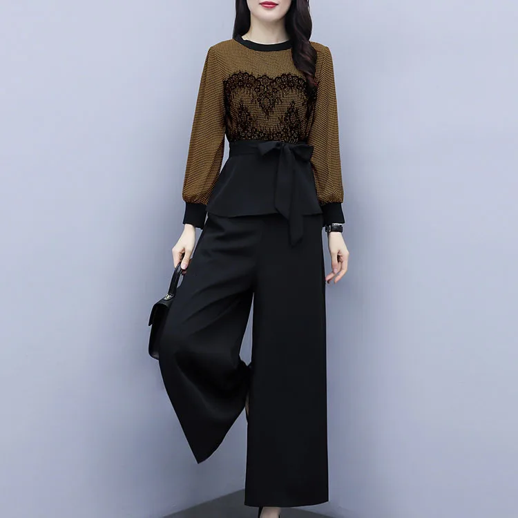 

Spring Autumn Cotton Lace Two Piece Sets Women Long Sleeve Blouse Top Wide Leg Pants Suits Elegant Vintage Office Ladies Outfits