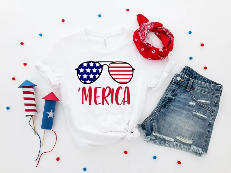

America Independence Day Custom Patriotic FLAG Shirt Tee Color printing Tongue glasses Tops Streetwear harajuku 100%cotton goth