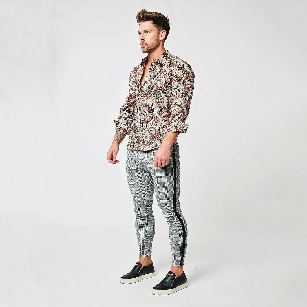SHENGLANGYIN Mens Chinos Slim Fit Skinny Pants For Men Chino Trousers Plaid Design Fashion Grey With Stripe at Side zm353 | Мужская