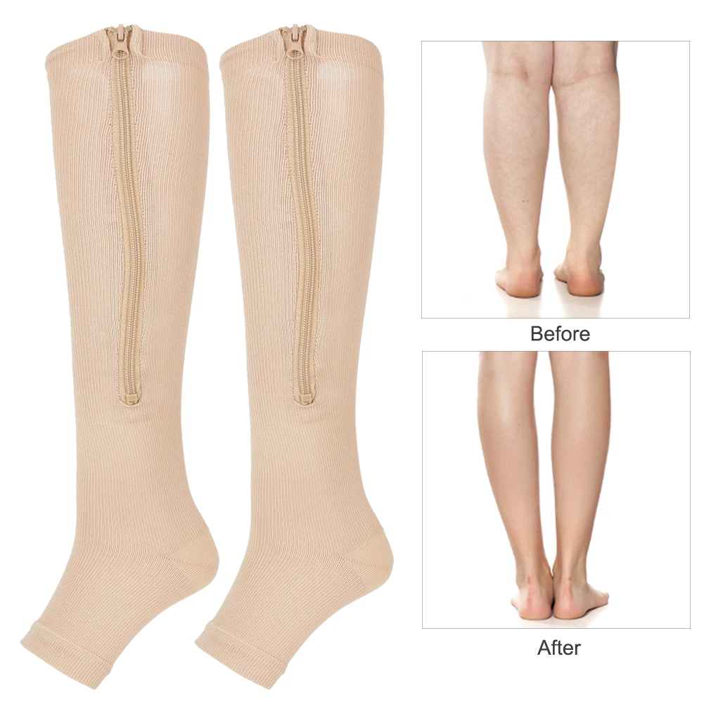 

1Pair Anti-slip Zipper MidCalf Length Sock Compression Vein Elastic Stockings Slim Leggings Stretch Socks Open Toe Various Sizes