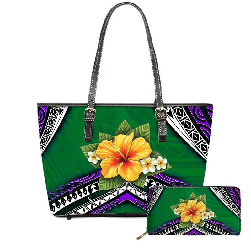 

Polynesian Shoulder Bags Hawaii Hibiscus Print Leather Zipper Top-handle Bag 2pcs/Set Shopping Handbags Wallet for Ladies