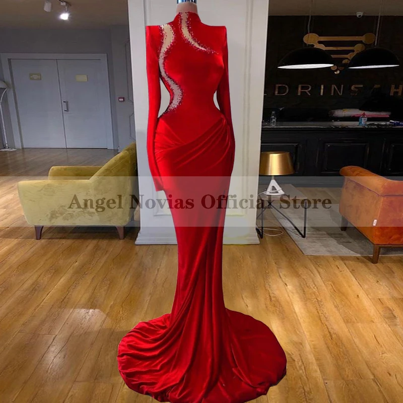 

ANGEL NOVIAS Long Sleeves High Neck Red Velvet Mermaid Evening Dress 2022 with Beads Prom Party Dress vestidos de noche