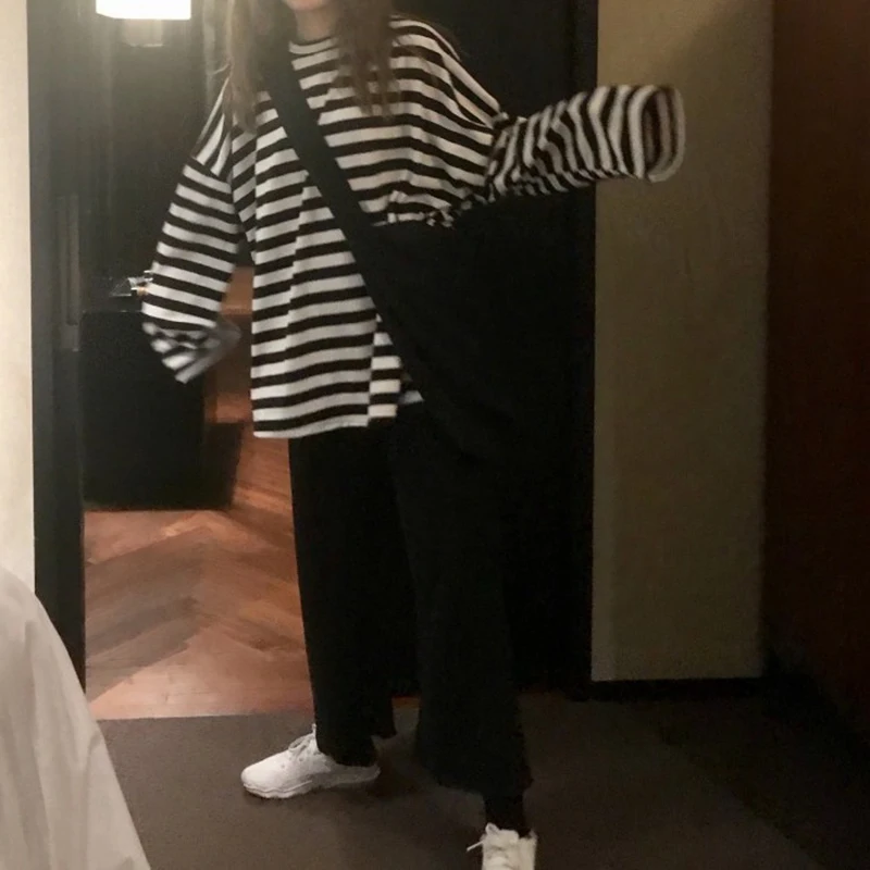 2021 новый в черно белую полоску для мужчин футболка с длинными рукавами свободные