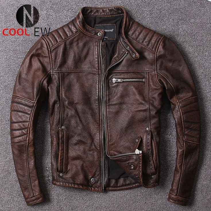 

Бесплатная доставка. Мужская одежда в винтажном стиле из воловьей кожи, качественная Байкерская кожаная куртка, модное черное пальто из нат...