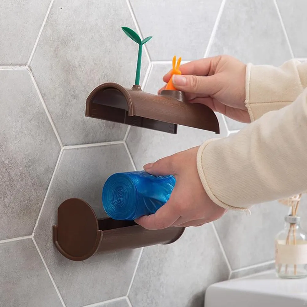 

Garbage Bag Storage Box Rabbit Leaf Wall Mount Adhesive Plastic Trash Bag Dispenser for Kitchen Bathroom Living Room