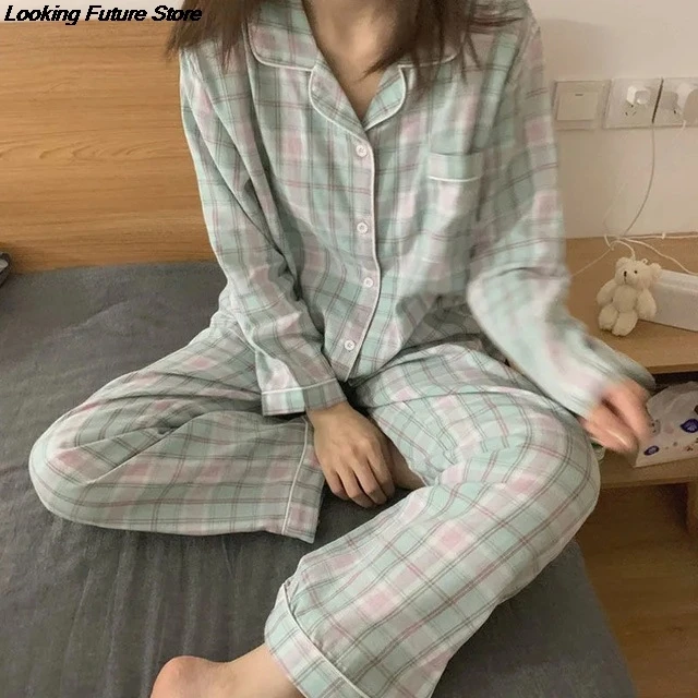 

Cute Grid Girls Pajamas Set Korean Autumn Winter New Long Sleeve Leisure Sleepwear Women Loose Nightwear Homewear Suit