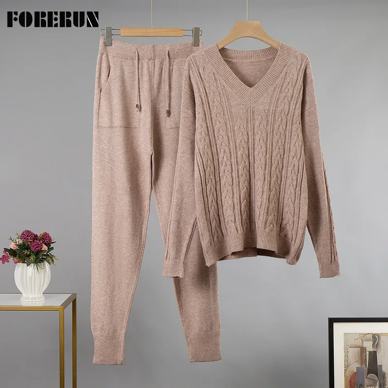 

FORERUN Home Suit Women V Neck Long Sleeve Knit Sweater Autumn Casual Solid Knitted Trousers Two Piece Pants Set Dropshipping