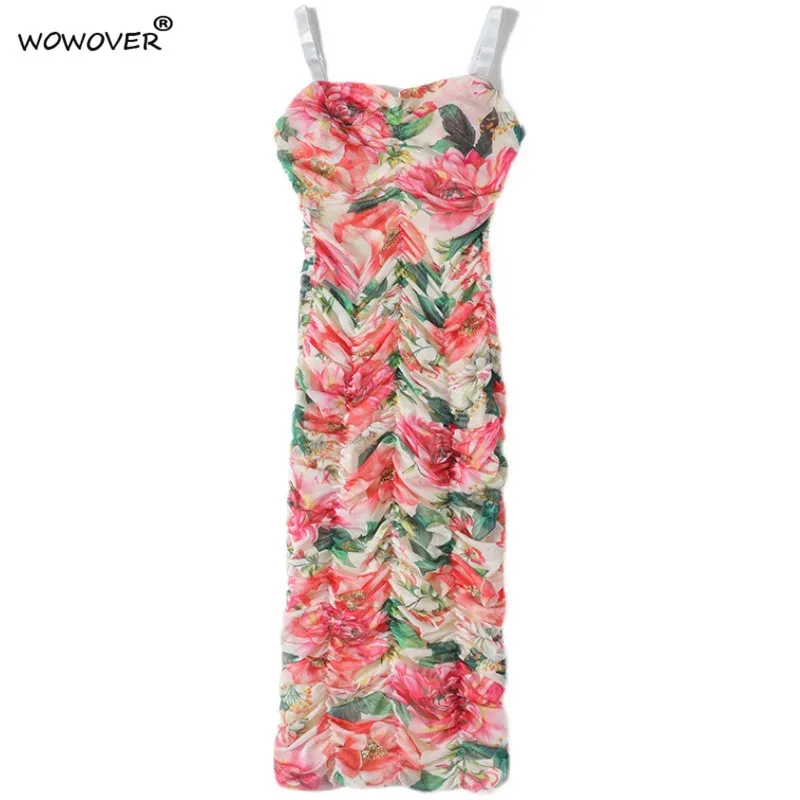 

Elegant Summer Spaghetti Strap Draped Sheath Bodycon Cocktail Party Dress Women Runway Floral Mesh Sleeveless Sexy Vestidos