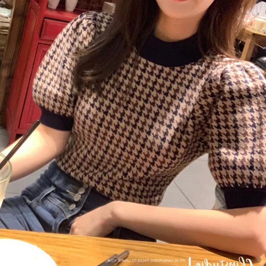 

Houndstooth sweater women's pullover 2020 new Korean short bubble sleeve short sleeve T-shirt top