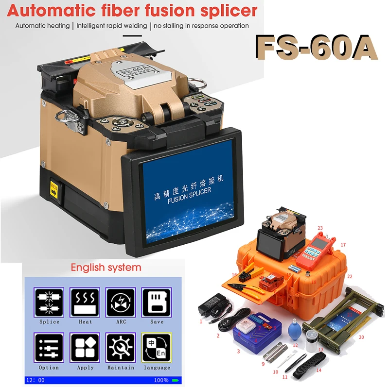 

6700mAh 5' inch FS-60A Golden Fully Automatic 7s Welding 8s Heating TFT LCD Fiber Optic Fusion Splicer +30mW OPM CFS-3 Kit Suit