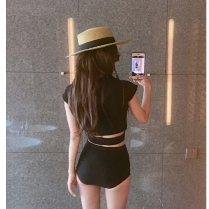 

Women's Korean version split high waist short sleeve bikini slim black hot spring swimsuit 1805